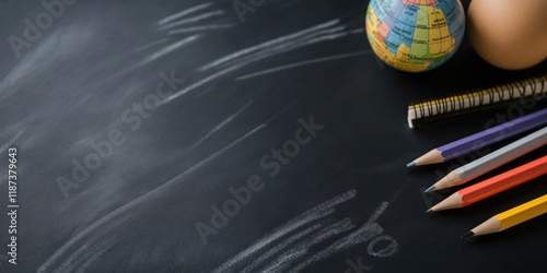 This image showcases a chalkboard filled with doodles, surrounded by essential stationery items like pencils, a globe, and notebooks, inviting creativity and education. photo