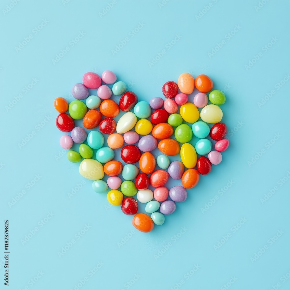 Colorful candies in the shape of heart on blue background. Colorful candies in the shape of heart on blue background.