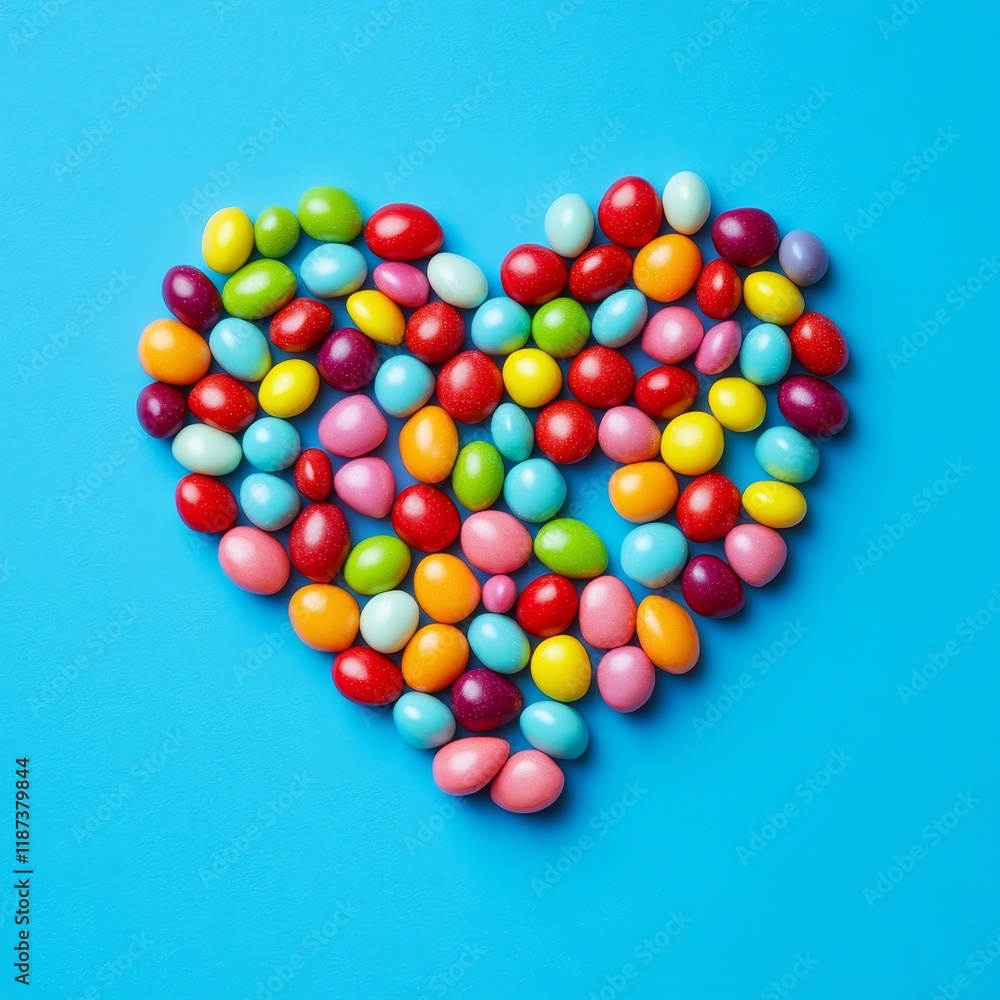 Colorful candies in the shape of heart on blue background. Colorful candies in the shape of heart on blue background.