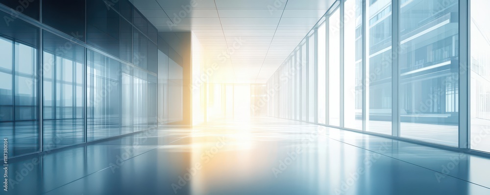 Modern office hallway with glass walls and sunlight Modern office hallway with glass walls and sunlight