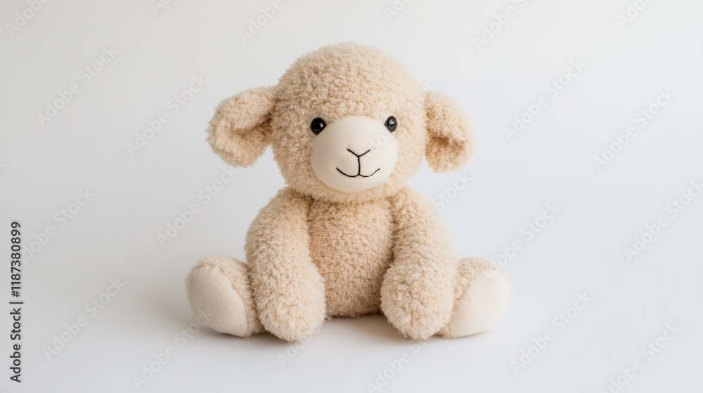 Plush lamb toy sitting, white background, studio shot, child's room decor Plush lamb toy sitting, white background, studio shot, child's room decor