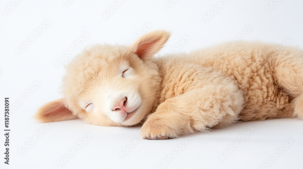 Sleeping lamb, studio shot, white background, peaceful, spring Sleeping lamb, studio shot, white background, peaceful, spring