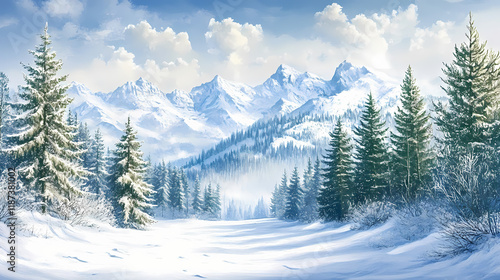 Snowbound horizon: a distant ridge of snow-capped peaks rises beyond the forest. the pines lead the eye toward adventure. copy space above. Snowbound. Illustration photo