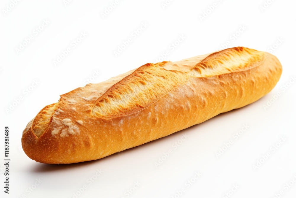 Freshly baked baguette with a golden crust on a clean white background Freshly baked baguette with a golden crust on a clean white background