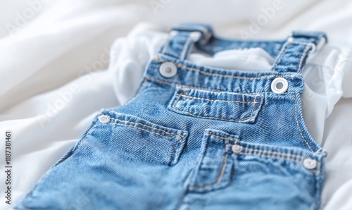Baby denim overalls on white bedding