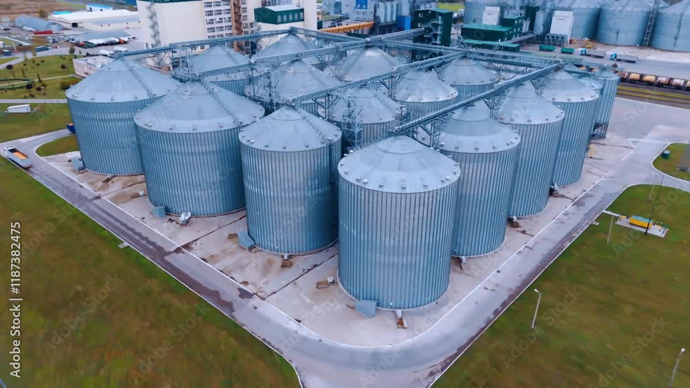 Four rows of silo tanks connected with each other. Distancing from the elevators at the territory of a large agricultural enterprise. Aerial perspective. Four rows of silo tanks connected with each other. Distancing from the elevators at the territory of a large agricultural enterprise. Aerial perspective.
