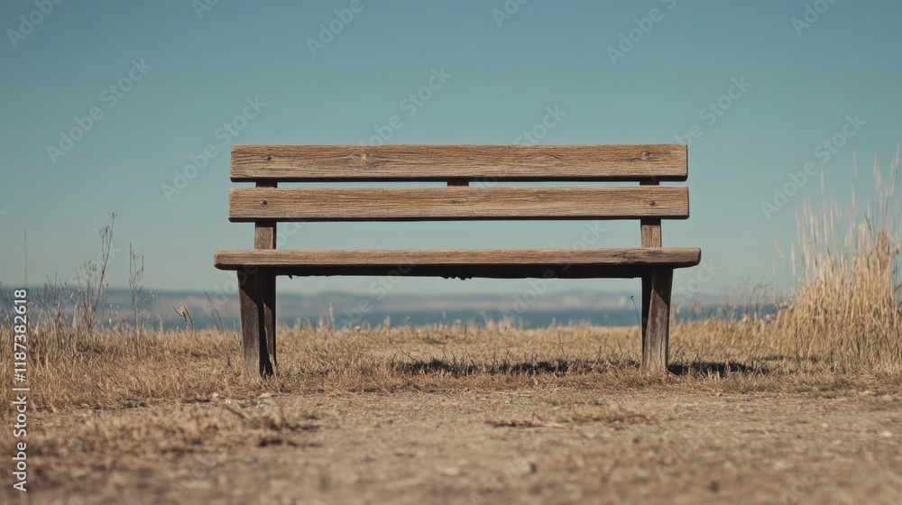 Empty wooden park bench outdoors on a hill overlooking a landscape under a clear blue sky. Empty wooden park bench outdoors on a hill overlooking a landscape under a clear blue sky.