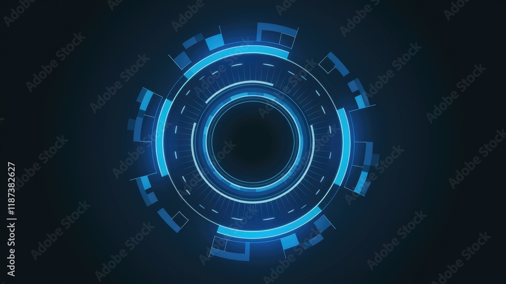 Abstract futuristic technology background with glowing blue circular HUD interface design.