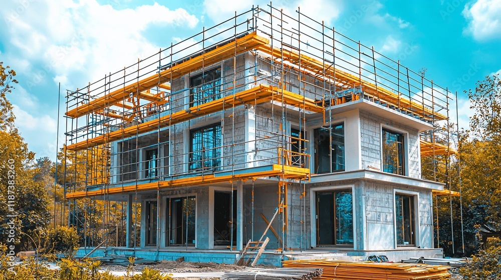 Obraz premium Modern house under construction with scaffolding.