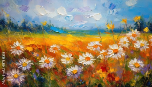 Impressionistic Oil Painting Indian Summer Field Transformed into a Blurred Dreamscape of Daisies, Evoking a Sense of Peace and Tranquility