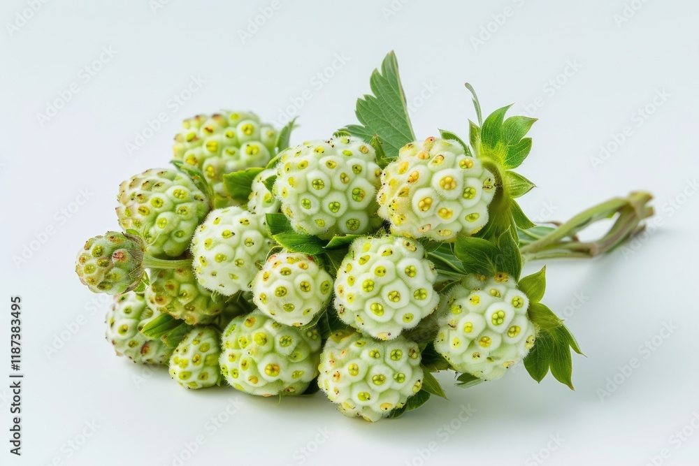 Fototapeta premium Fresh Green Strawberry Cluster Isolated Against a White Background