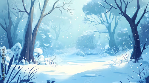 Snowy landscape with frozen trees in a blizzard, snowstorm, blustery conditions, snowy forest views. Snowbound. Illustration