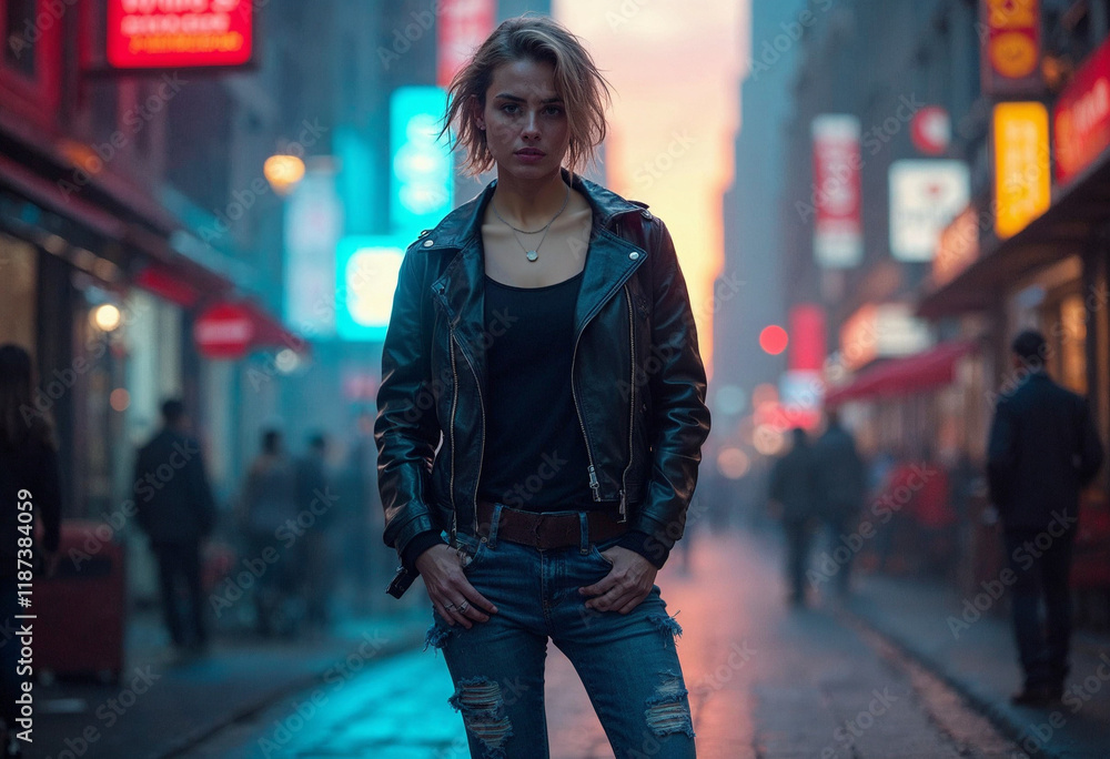 Fototapeta premium Young Woman in a Leather Jacket Ripped Jeans and Boots Standing on a City Street at Night Urban Fashion