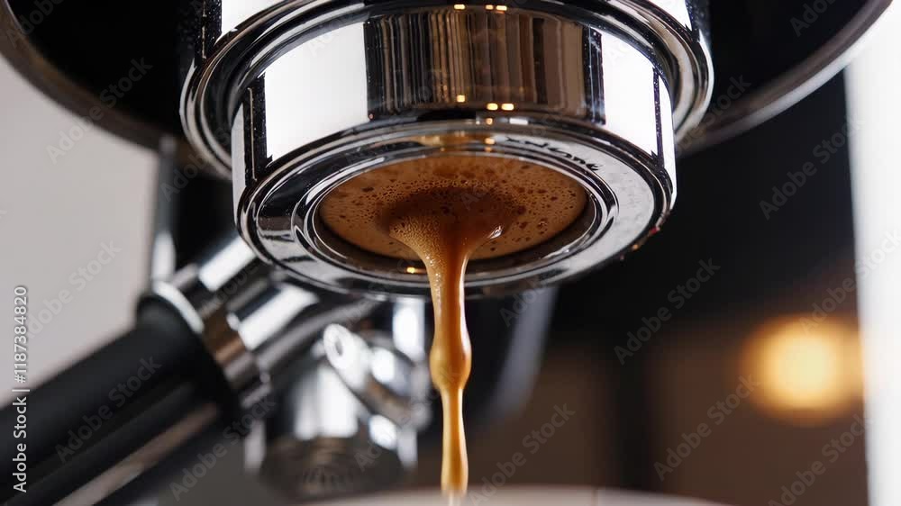 AI generated video clip of an espresso machine's dispenser nozzle pouring delicious-looking coffee in slow motion