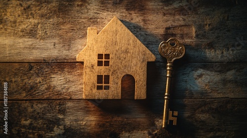 Wooden house model and antique key on rustic wood.