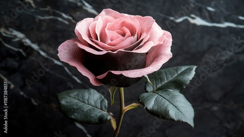 Single pink and dark rose on marble. photo