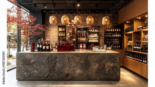 Modern wine shop interior with stone counter, wooden shelves, and pendant lights.