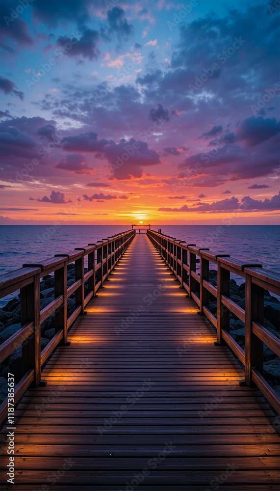 Fototapeta premium Scenic Wooden Pier Path Illuminated by Warm Glow of LED Lights, Offering a Panoramic View of a Tranquil Ocean at Sunset
