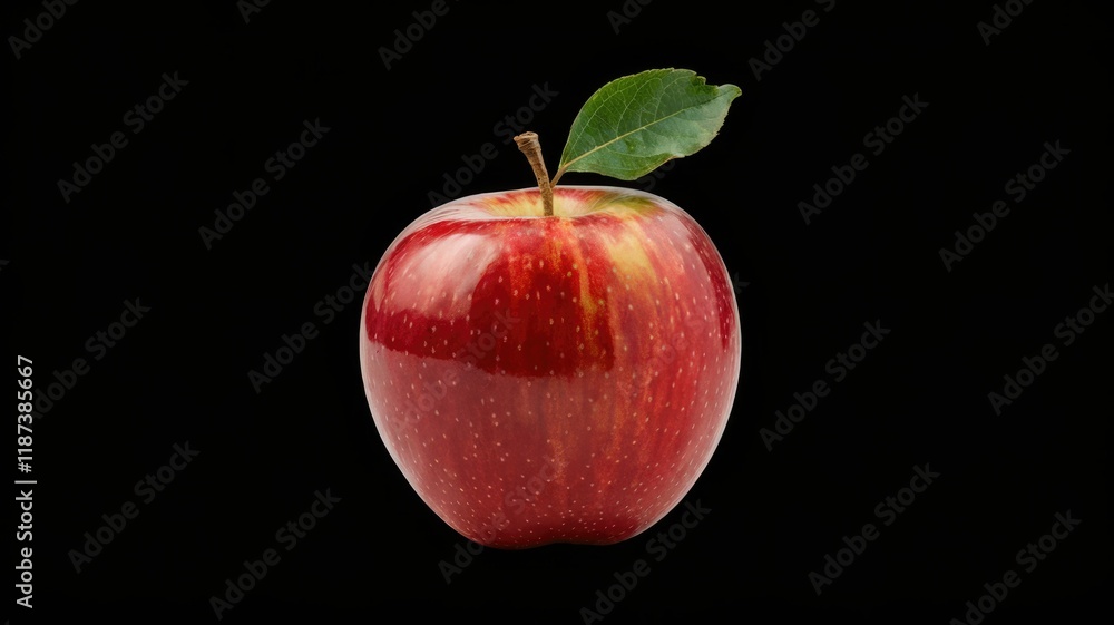 A single, ripe red apple with a green leaf, isolated against a transparent background. A single, ripe red apple with a green leaf, isolated against a transparent background.