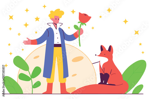 The Little Prince with rose and charming fox seated nearby on fantastical interstellar planet