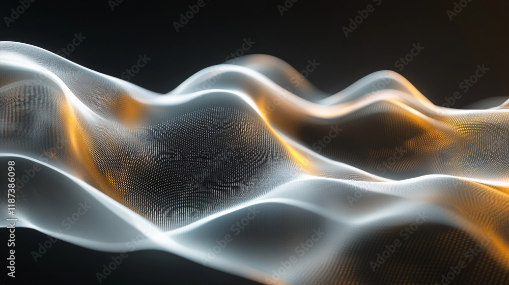 Fototapeta premium A close-up 3D-rendered abstract wave pattern in gold and white, flowing seamlessly on a matte black background with soft lighting.