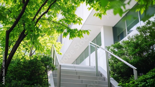 Modern building stairs, lush greenery, sunlight, urban landscape, architectural design photo