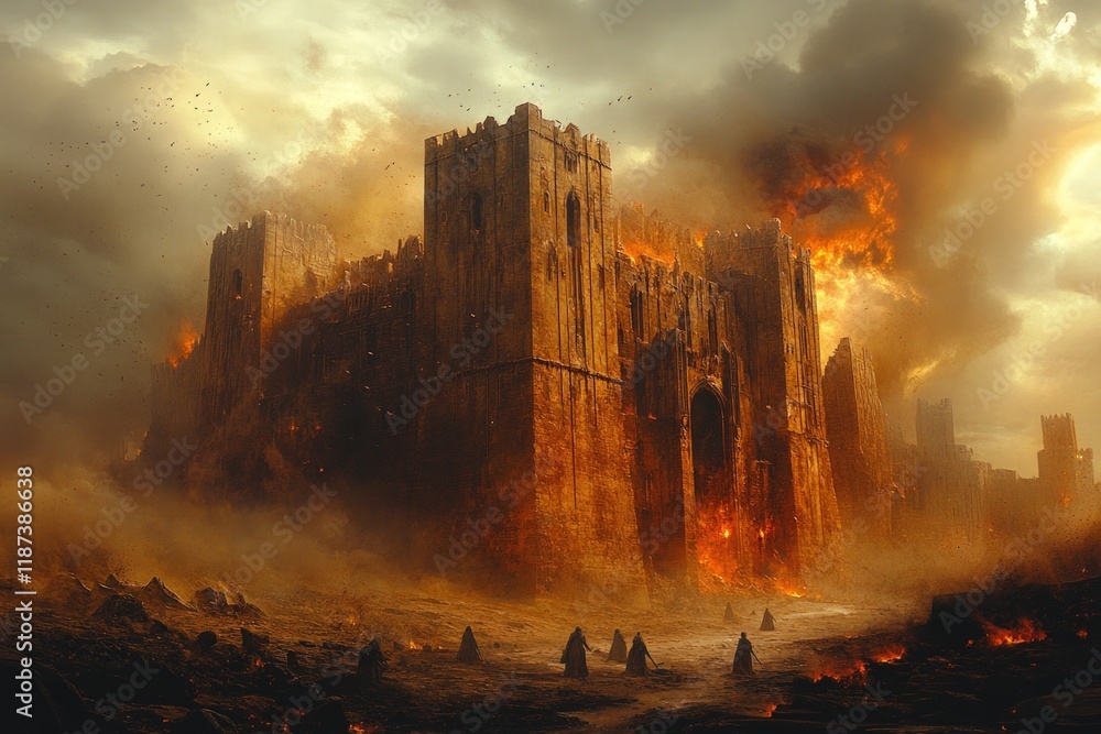 Fototapeta premium Burning castle, figures fleeing, apocalyptic scene.