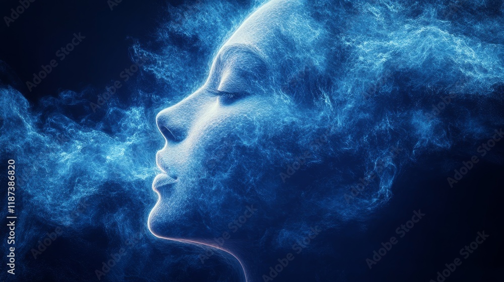 A woman's face is shown in a blue smokey haze A woman's face is shown in a blue smokey haze