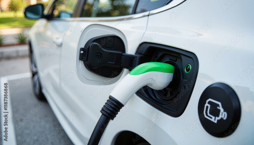 Electric car charging at eco-friendly station, sustainable transportation Electric car charging at eco-friendly station, sustainable transportation
