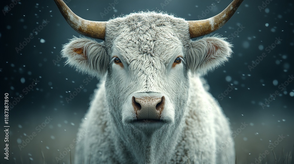 A white cow with horns is standing in a field of snow A white cow with horns is standing in a field of snow