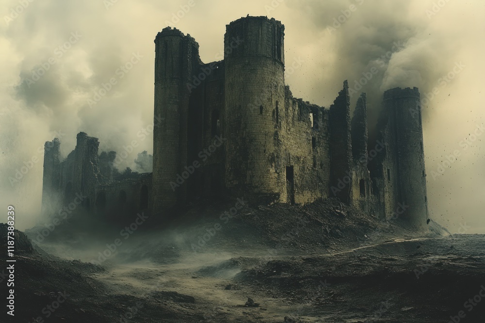 Fototapeta premium Ruined castle, smoke, desolate landscape.