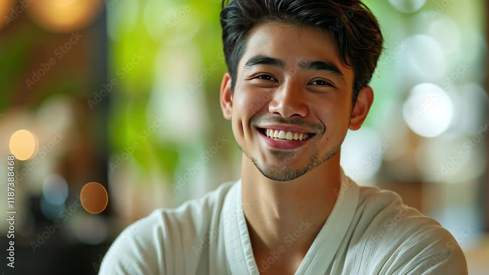 In a spa salon, a smiling young Asian man friend is discussing and sharing his massage experience. In a spa salon, a smiling young Asian man friend is discussing and sharing his massage experience.