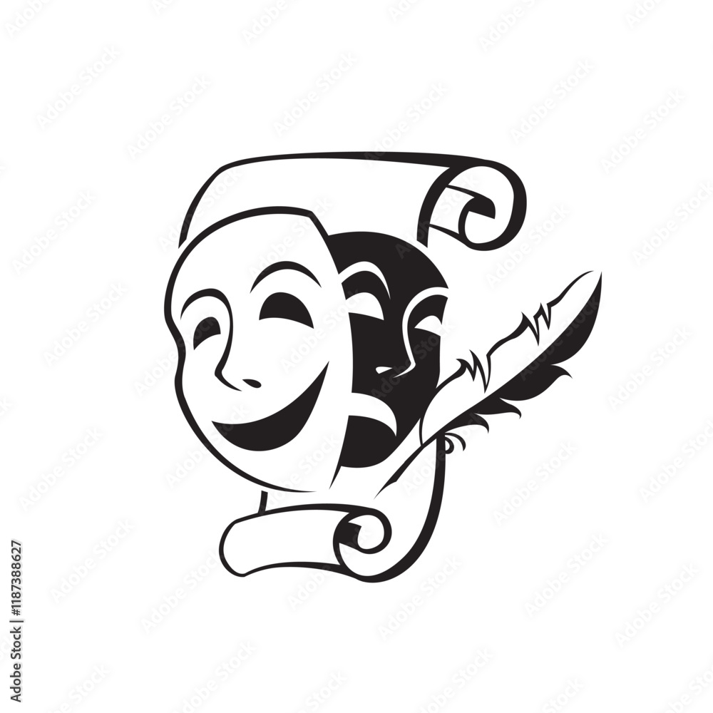 icon of comedy and tragedy theatrical masks with paper isolated on white background icon of comedy and tragedy theatrical masks with paper isolated on white background
