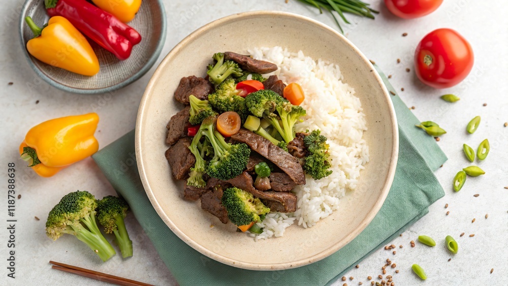 Delicious beef with broccoli served on rice surrounded by fresh vegetables on a light colored surface Delicious beef with broccoli served on rice surrounded by fresh vegetables on a light colored surface
