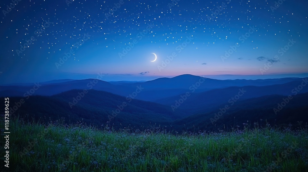 Fototapeta premium Moon over mountains at night, viewed from grassy field. Use calendar.
