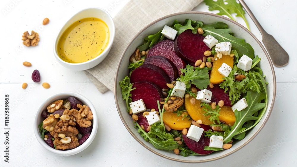 Colorful beet salad topped with roasted nuts and cheese served in a bowl on a light background Colorful beet salad topped with roasted nuts and cheese served in a bowl on a light background
