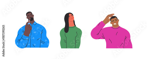 Thinking people, modern flat vector concept illustrations set- people standing thoughtfully. Metaphor for reflection, analysis, introspection, contemplation, deep thought