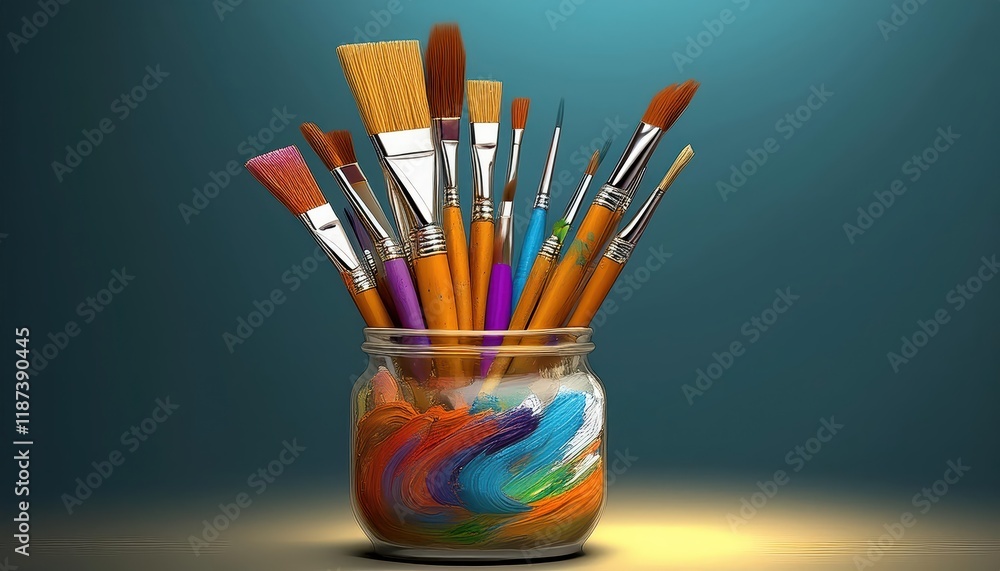 Obraz premium Creative Art Illustration Brushes in a Jar Vibrant Colors and Textures Swirl in an Artistic Exploration of Tools and Inspiration