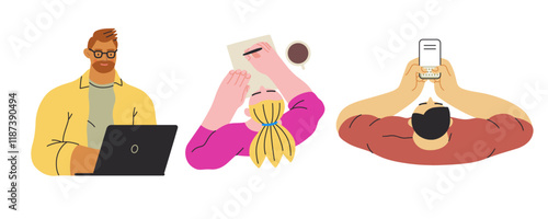 Writing people, modern flat vector concept illustrations set people writing on paper or device. Metaphor for reflection, insight, contemplation, creative expression