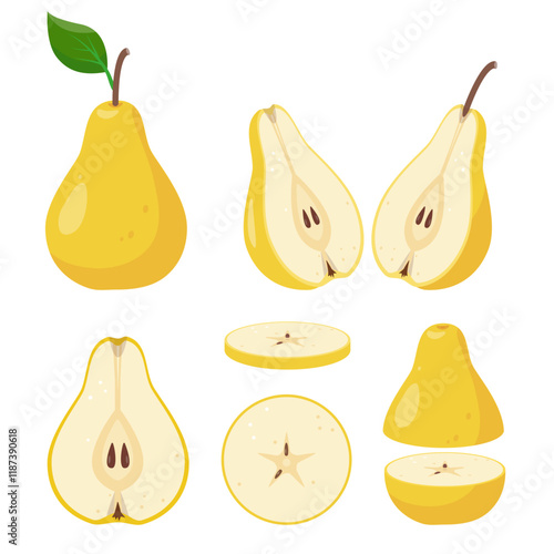 Set of pear icons. Fresh yellow whole and cut Pears and slices. Organic fruits for juice, smoothie or vitamin C healthy food. Vector illustration isolated on white background.