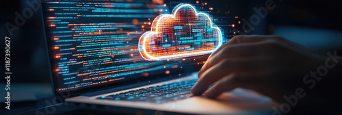 Cloud Computing: Digital Transformation through Data and Code, Innovative Technology, Global Network, Secure Data Storage, Software Development, Digital Services, Data Center, Server, Internet, World photo