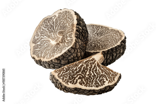 Fresh black French truffles isolated on white transparent background, great for culinary and gourmet themes. photo