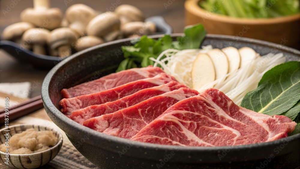 Slices of beef prepared for sukiyaki with fresh vegetables and mushrooms ready for cooking Slices of beef prepared for sukiyaki with fresh vegetables and mushrooms ready for cooking