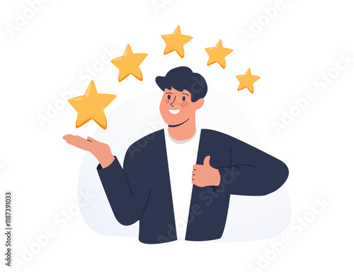 Five stars the best estimate of performance, the score of five points. People leave feedback and comments, successful work is the highest score vector. Vector illustration on background