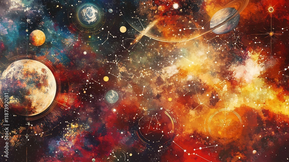 Vibrant scene of celestial harmony highlighting zodiac signs planetary rhythms Vibrant scene of celestial harmony highlighting zodiac signs planetary rhythms