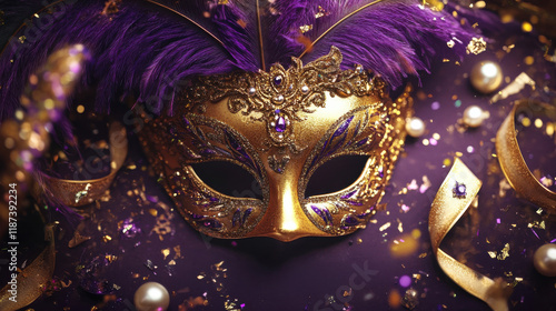 Wallpaper Mural Golden Mardi Gras Carnival Mask with Purple Feathers Torontodigital.ca
