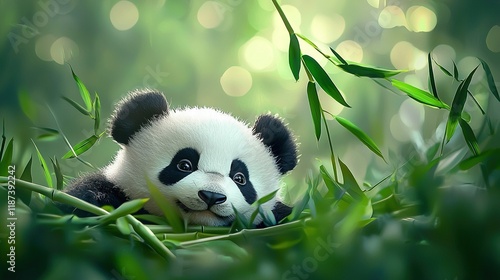  A panda bear reposes in the grass with its head resting on a bamboo stalk and gazing at the camera
