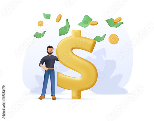 Passive income illustration in 3D style. Character enjoying financial freedom and independence. Successfully and free of debts people planning budget. Vector illustration
