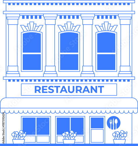 Restaurant line art illustration. Building facade icon with entrance on white background. Cafe one color blue outline graphic. Diner infographic. Old vintage architecture. Editable stroke.