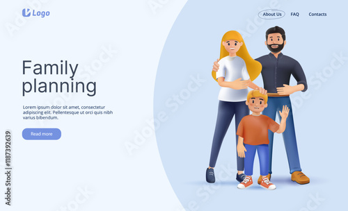 Web page design template for family planning, family insurance, happy life. Modern vector illustration 3D concepts for website and mobile website development